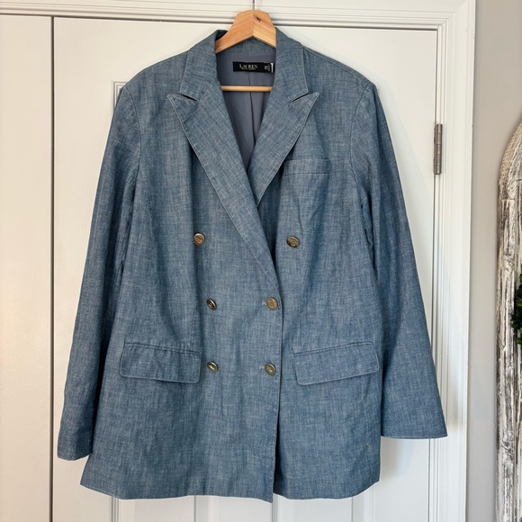 Lauren Ralph Lauren Woman Double Breasted Chambray Blazer Gold Blue 18W Plus - Picture 5 of 12